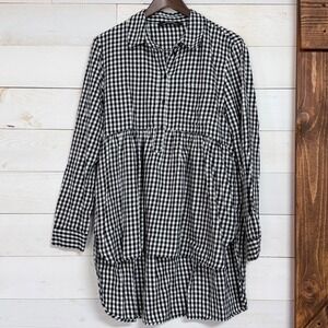 Zara Woman Black White Gingham Check Empire Waist High Low Tunic Shirt Large